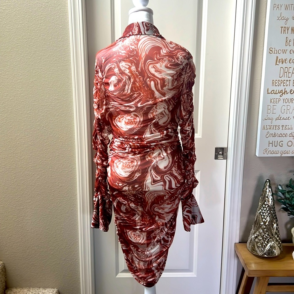 Chocolate brown gathered see through button long sleeve stretchy dress brown XL - Picture 7 of 8
